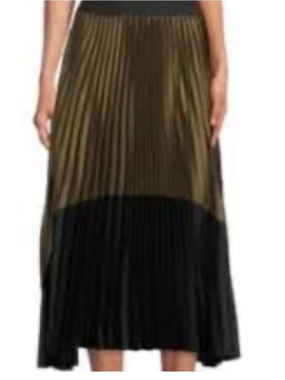 Saks Fifth Avenue Olive and Black Colorblock Pleated Midi Skirt
